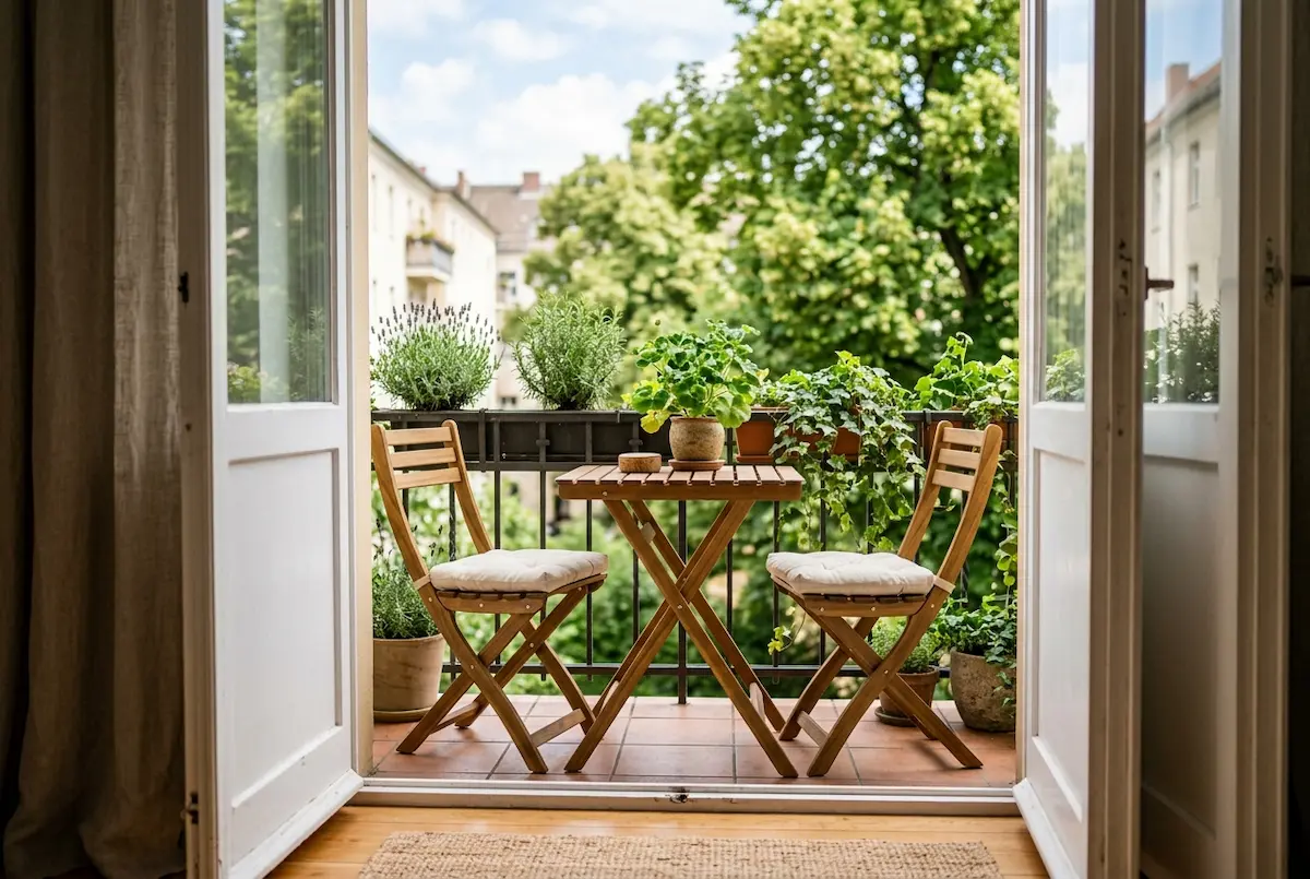 Cozy small balcony with a wooden bistro table, two chairs, cream cushions, and potted green plants.