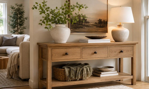 Warm styled console table with a ceramic vase, table lamp, decor books, woven basket, and soft neutral living room accents.