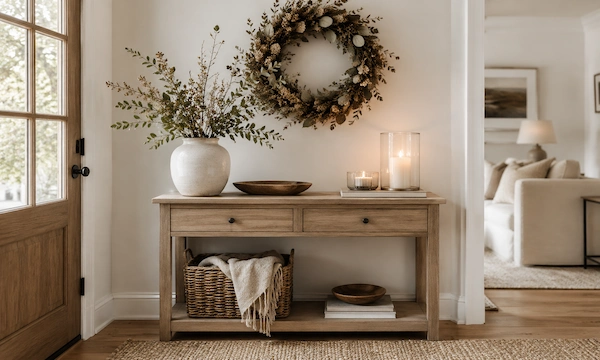 Neutral entryway with a wooden console table, botanical wreath, leafy branches, candles, and a woven basket.