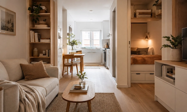 Small apartment interior with smart zoning, a compact living area, built-in shelving, a small dining table, and a cozy sleeping nook.