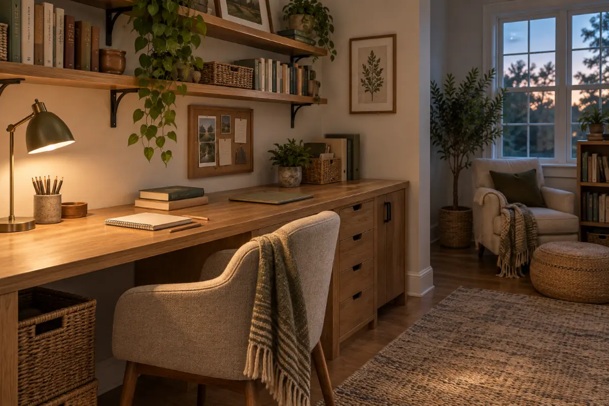 Cozy evening homeschool study space with a wood desk, warm task lamp, books, storage baskets, and a nearby reading corner.