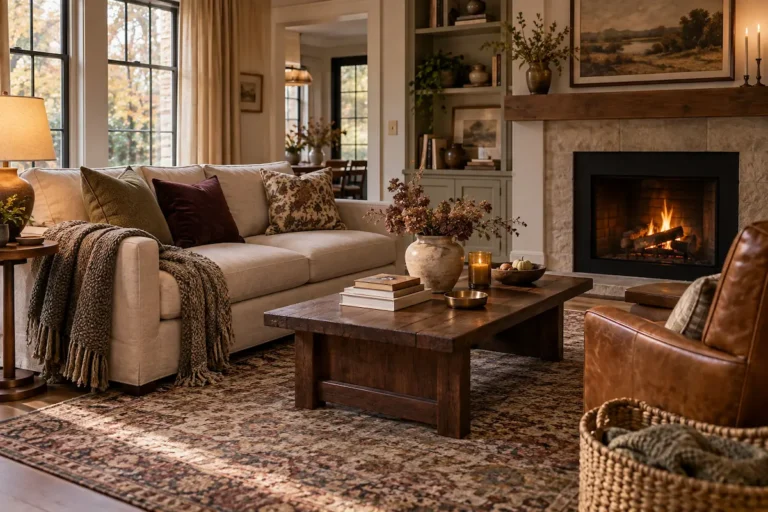 Cozy fall living room with layered textiles, warm wood, plum and olive accents, and soft ambient lighting