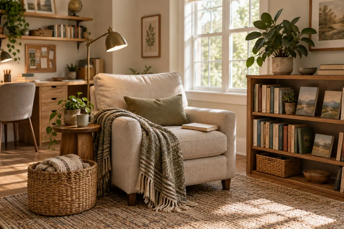 Cozy homeschool reading corner with an upholstered chair, low bookcase, reading lamp, woven rug, and books within easy reach.
