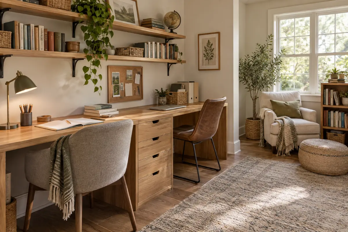 Cozy homeschool room with a shared wood desk, bookshelves, storage baskets, and a reading corner.