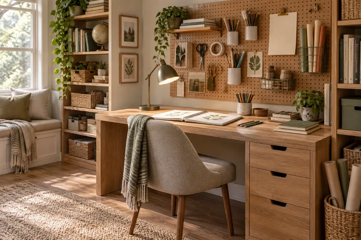 Creative homeschool study area with a wood desk, pegboard, art supplies, shelves, storage, and a small plant.