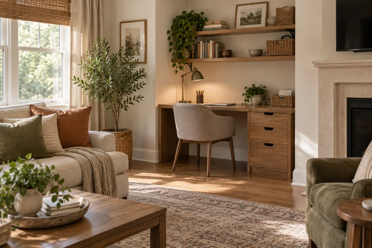 Family room homework nook with a wood desk, upholstered chair, floating shelves, storage baskets, and nearby living room seating.