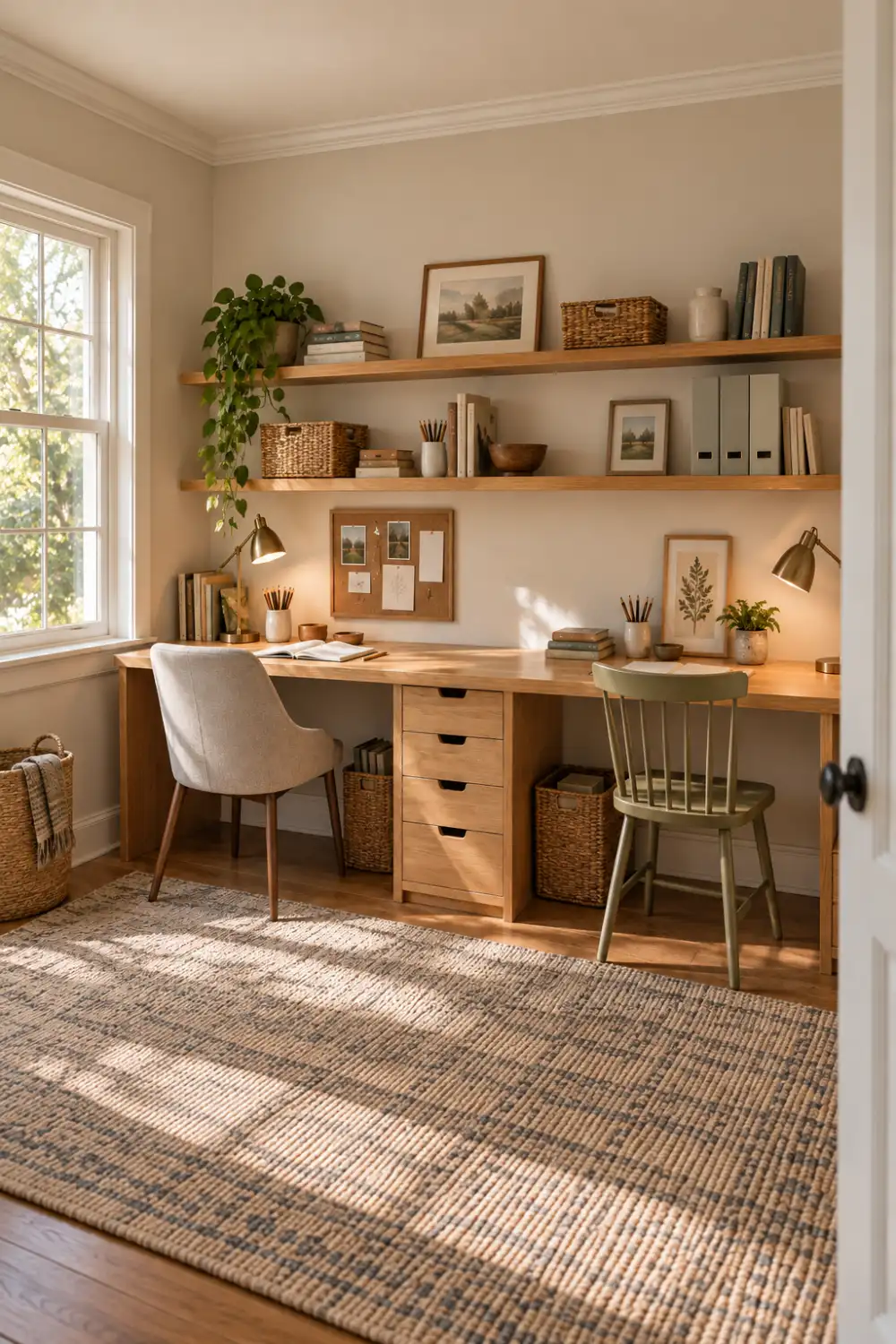 Shared homeschool study wall with a long wood desk, two chairs, bookshelves, and organized storage.