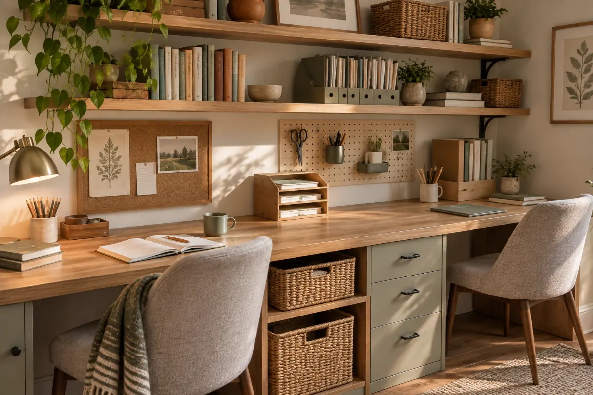 Shared homework station for two kids with a long wood desk, wall shelves, baskets, paper storage, and organized school supplies.