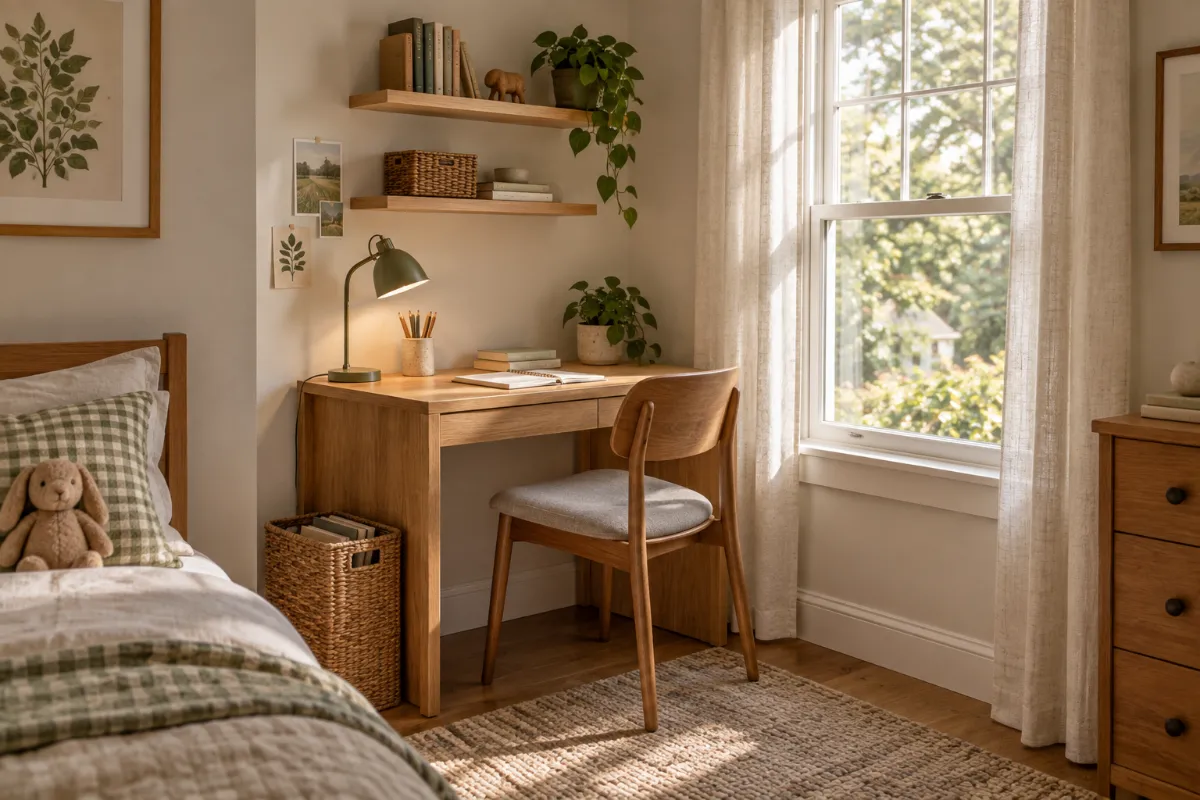 Small homework nook with a wood desk beside a bright window, wall shelves, storage basket, and a cozy bedroom setting.